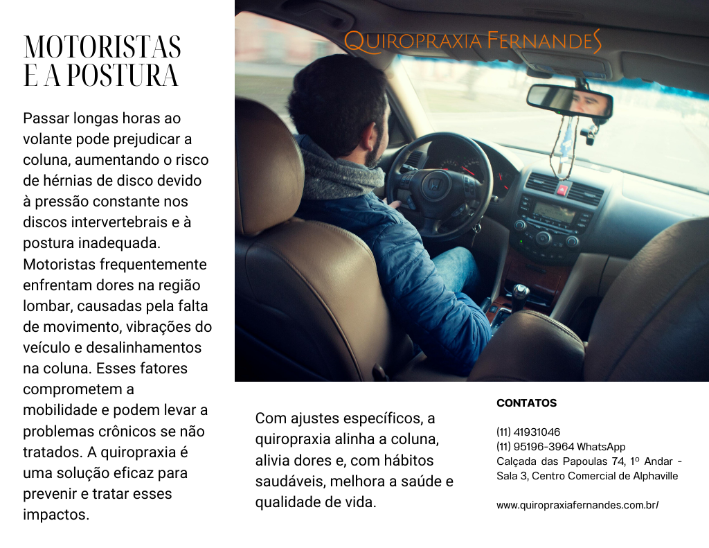 Passar longas horas ao volante pode prejudicar a coluna, aumentando o risco de hérnias de disco devido à pressão constante nos discos intervertebrais e à postura inadequada. Motoristas frequentemente enfrentam dores na região lombar, causadas pela falta de movimento, vibrações do veículo e desalinhamentos na coluna. Esses fatores comprometem a mobilidade e podem levar a problemas crônicos se não tratados. A quiropraxia é uma solução eficaz para prevenir e tratar esses impactos.