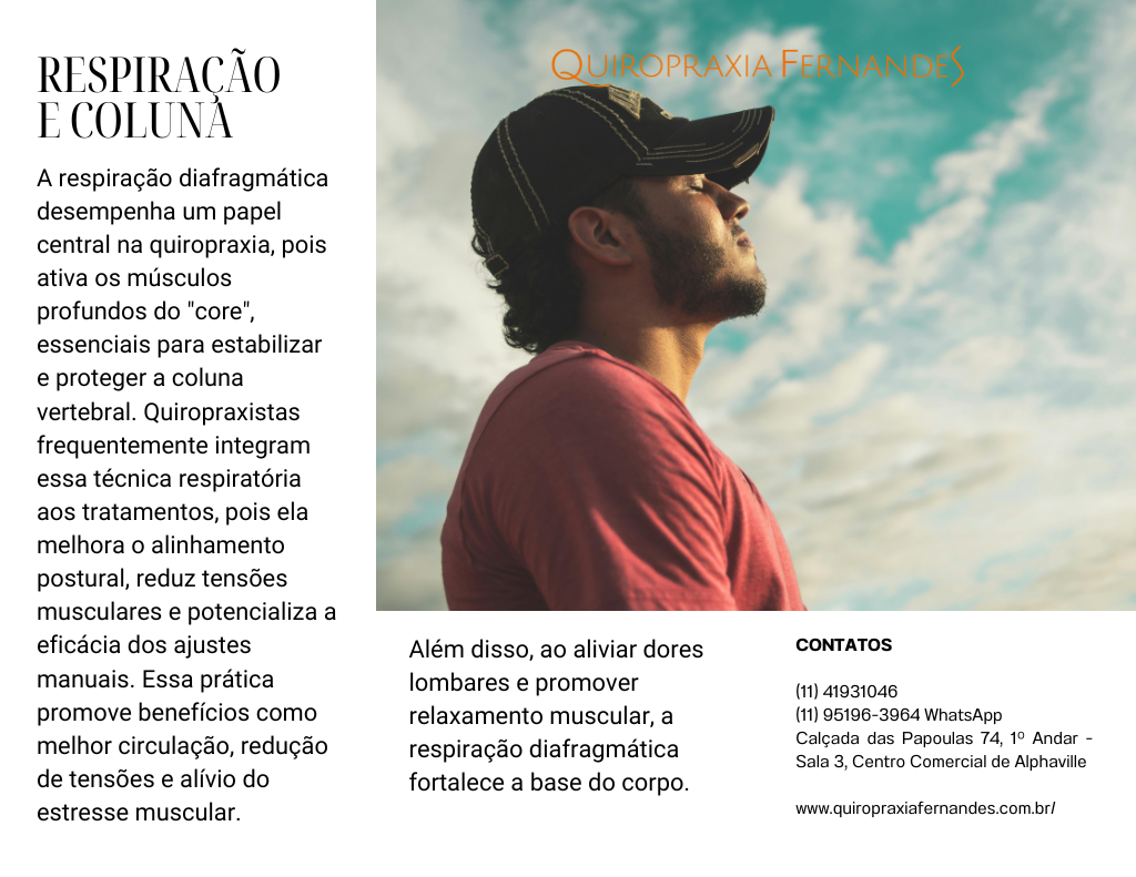 A respiração diafragmática desempenha um papel central na quiropraxia, pois ativa os músculos profundos do "core", essenciais para estabilizar e proteger a coluna vertebral. Quiropraxistas frequentemente integram essa técnica respiratória aos tratamentos, pois ela melhora o alinhamento postural, reduz tensões musculares e potencializa a eficácia dos ajustes manuais. Essa prática promove benefícios como melhor circulação, redução de tensões e alívio do estresse muscular.